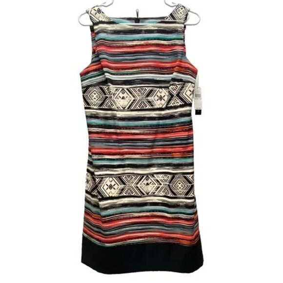 AB Studio Dress Women's 12 Black White Multicolor Stripe Geo Print Design NWT - Picture 1 of 16